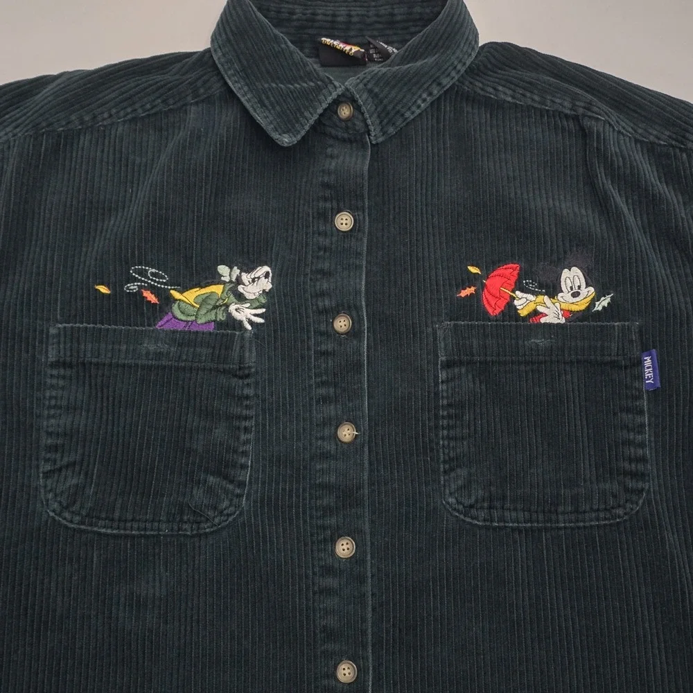 Vintage Mickey Unlimited Corduroy Shirt Mickey Goofy Embroidery Green Large